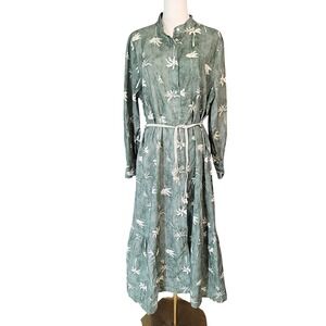 Francesca Bettini Italy Linen‎ Blend Dress Palm Print Maxi Shirt Button Front